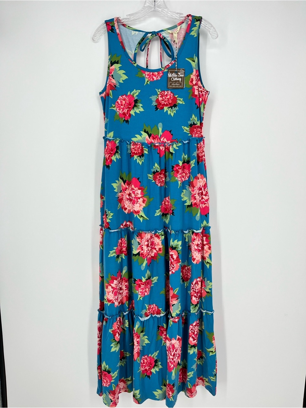 NWT Matilda Jane No End Floral Dress Medium Maxi Cotton Blue Tiered Pockets